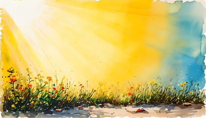 Wall Mural - Bright Vintage Grunge Paper with Sunny Watercolor Accents and an Empty Yellow Background