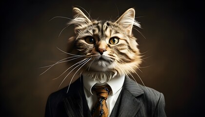 Dapper corporate cat exuding sophistication in tailored suit with confident studio portraiture