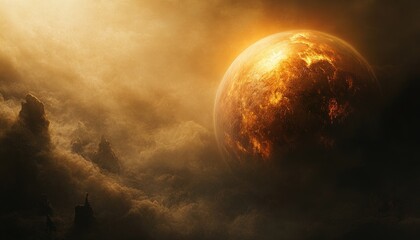Wall Mural - fantasy illustration of a planet illuminated by intense light from the upper corner set against a sm