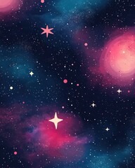 Poster - Dark pink and blue 2D cartoon design featuring cosmic stars Vibrant illustration showcasing bright astronomical stars Ideal for cosmic themed backgrounds