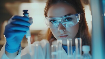 Poster - female scientist in a laboratory using a pipette