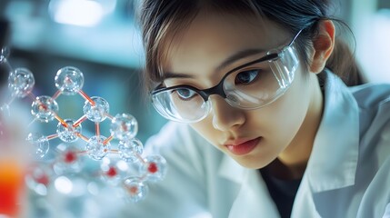 Poster - A Female Scientist Examining a Molecular Model in a Laboratory