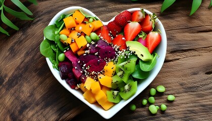 Tropical fruit salad arranged in heart shapes showcasing vibrant vegan and vegetarian organic ingredients for a healthy lifestyle