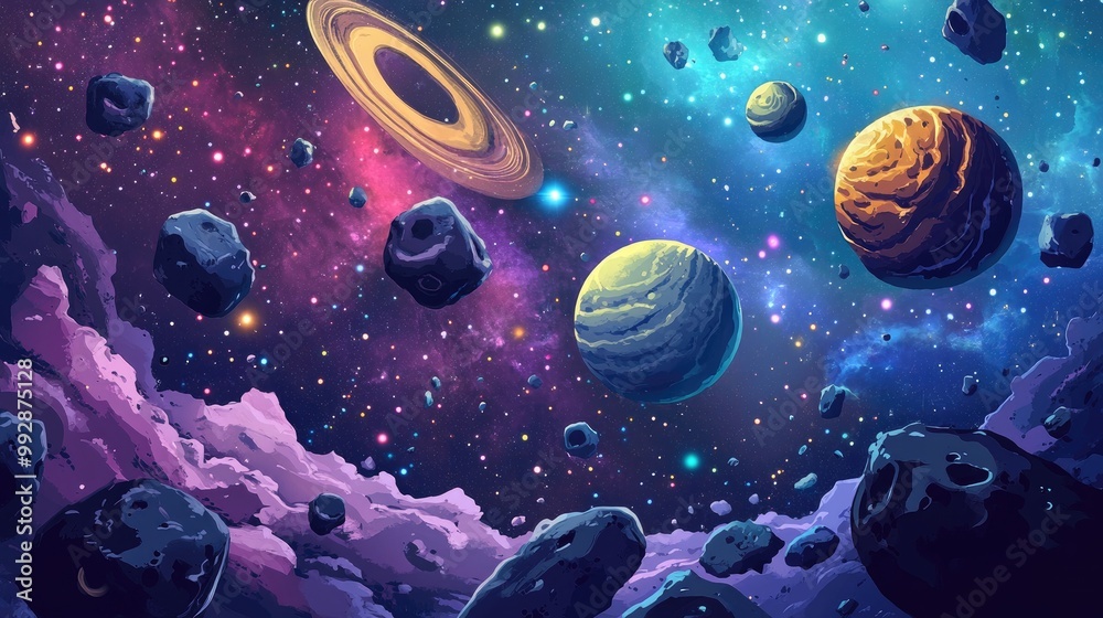 Cartoon alien fantasy featuring galaxies planets and 2D elements ...