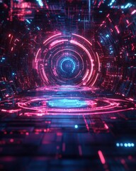 Poster - Futuristic dark technology background featuring a neon glow with a cybernetic circular laser design on an abstract surface