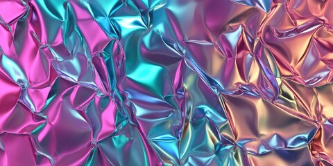 Poster - Intricate glossy fractal design featuring a metallic multicolored texture with a holographic iridescent surface resembling crumpled pastel foil