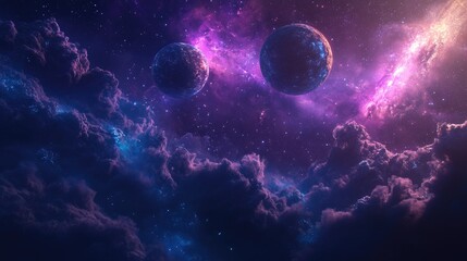Poster - Celestial bodies and galaxies set against a backdrop of open space created through 3D rendering techniques