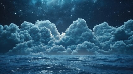 Poster - Dreamy cloud backdrop with arch frame for product display featuring a captivating natural beauty scene in a 3D seascape at night
