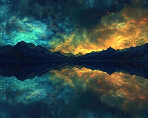 Poster - Serene night sky illuminated above a tranquil lake featuring reflections Abstract fractal art design