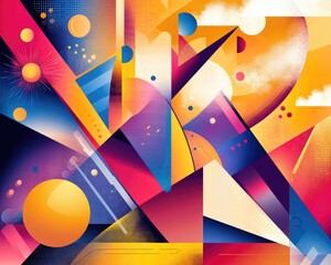 Poster - Vibrant geometric backdrop featuring an energetic arrangement of shapes 2D cartoon graphics in EPS10 format