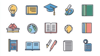 Wall Mural - Education thin line icon set. Containing book, pencil, ruler, globe, graduation, notebook