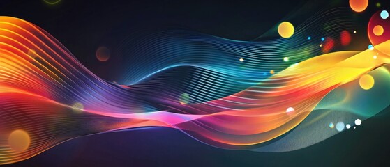 Poster - Futuristic abstract background featuring dynamic geometric shapes vibrant rainbow circles and stripes set against a dark backdrop