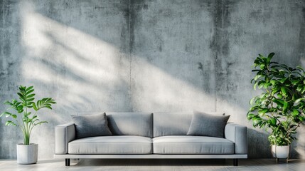 Wall Mural - A modern living room featuring a gray sofa and indoor plants against a concrete wall.