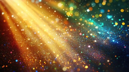 Poster - Vibrant multicolored glitter lights create an enchanting background showcasing beautiful rays of light in a digital illustration