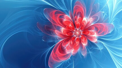 Sticker - Red fractal flower design set against a blue background