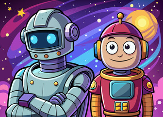 Wall Mural - robot and astronaut cartoon vector illustration,galaxy background, future world