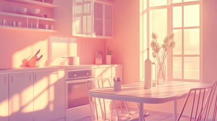 Wall Mural - A sunlit kitchen with pastel colors, showcasing a cozy dining area and modern appliances.