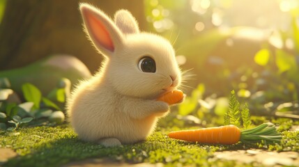 Sticker - A cute rabbit nibbling on a carrot in a sunlit, lush environment.