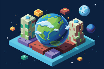 Poster - A colorful isometric art piece showcases Earth amidst geometric shapes and celestial objects in space, Customizable Isometric Illustration of Earth and Moon