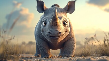 Wall Mural - A cheerful cartoon rhinoceros stands in a grassy landscape under a bright sky.