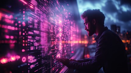 A programmer works on software development in a data management system, illustrating technology's role in coding and cloud computing.