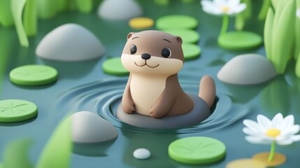 Poster - A cute otter floating on a lily pad in a serene pond surrounded by greenery and flowers.