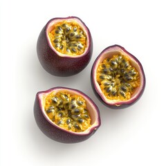 Poster - Three halved passion fruits revealing vibrant yellow pulp and black seeds.