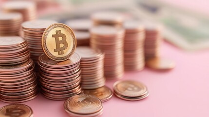 Poster - A stack of coins featuring Bitcoin, with bills in the background, symbolizing cryptocurrency.