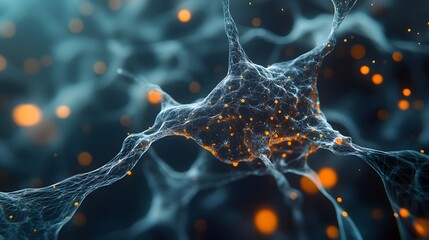 Poster - Abstract Neural Network with Orange Glowing Dots