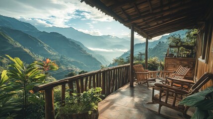 Scenic mountain view from a wooden deck with rocking chairs and lush greenery.