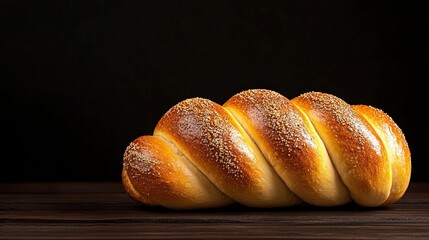 Golden Twisted Bread: A freshly baked loaf of golden twisted bread sits on a rustic wooden table against a dark background, inviting viewers to savor its warmth and aroma.  