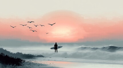 Wall Mural - Surfer at sunset with birds flying over the ocean waves.