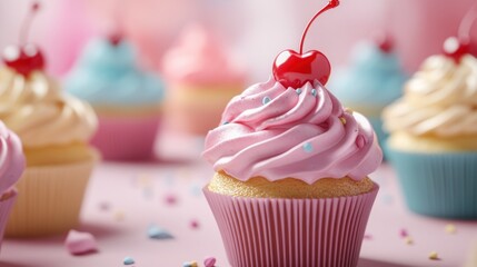 Poster - A close-up of colorful cupcakes with swirled frosting and cherries, perfect for celebrations.