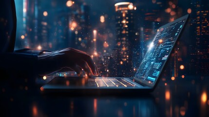 Person Typing on a Laptop with a Night City Background