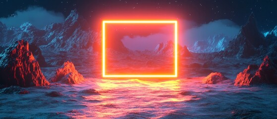 Poster - A glowing neon rectangle illuminates a surreal ocean landscape with dark mountains and a starlit sky at night