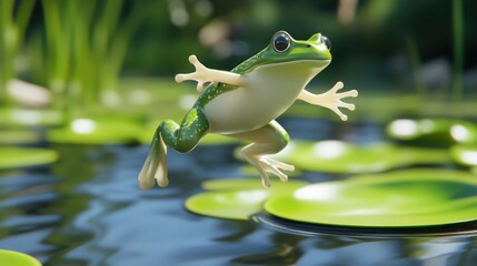 Wall Mural - A vibrant frog leaps over lily pads in a tranquil pond setting.