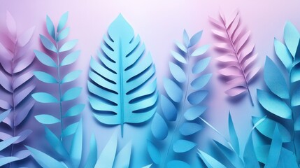 Wall Mural - A vibrant arrangement of paper leaves in shades of blue and pink, creating a decorative backdrop.