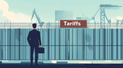 Businessman facing a gate with a sign reading 'Tariffs' in a dark, moody environment.