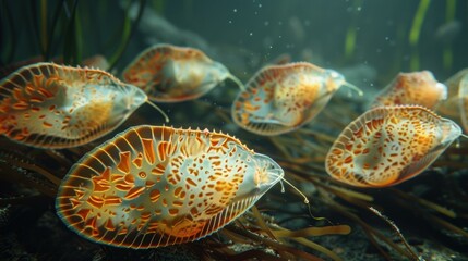 Poster - A cluster of sea creatures with intricate patterns rest on the ocean floor. AI.