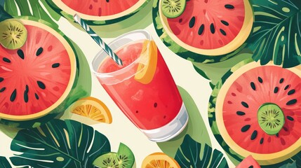 Refreshing summer fruits for beating the heat featuring watermelon juice and seasonal festival treats in an illustrated design