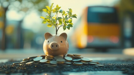 A piggy bank with a tree sprouting from coins, representing financial growth, with a blurred bus passing in the background. No logo, no people.