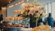 © BerkahStock - A beautifully arranged buffet with floral centerpiece and assorted food items.