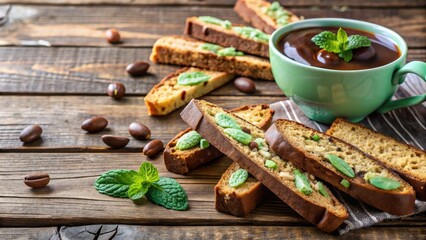 Mint chocolate-dipped almond biscotti with a fresh sprig of mint, placed on a rustic wooden table.