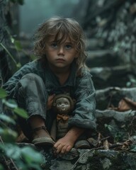 Poster - A young child sits on a stone steps, holding a doll. AI.