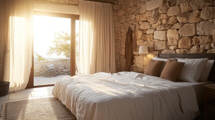 Sticker - A cozy bedroom with stone walls, natural light, and a serene atmosphere.