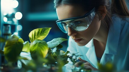 Poster - Close-up of a female scientist examining a plant in a laboratory setting