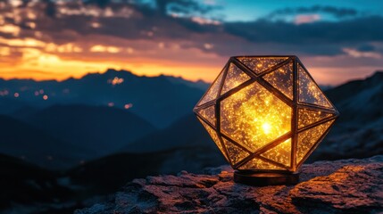 Wall Mural - A glowing geometric lantern on a rocky surface against a sunset backdrop.