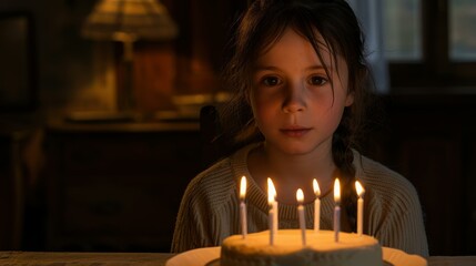 Wall Mural - A young girl looks at a birthday cake with lit candles. AI.