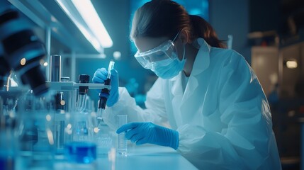 Poster - Female Scientist in a Laboratory Performing a Chemical Experiment