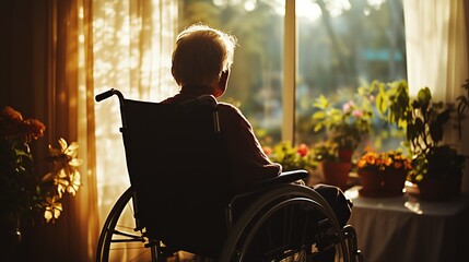 standing by the window as the silhouette of an elderly wheelchair user, gazing out the window, creat